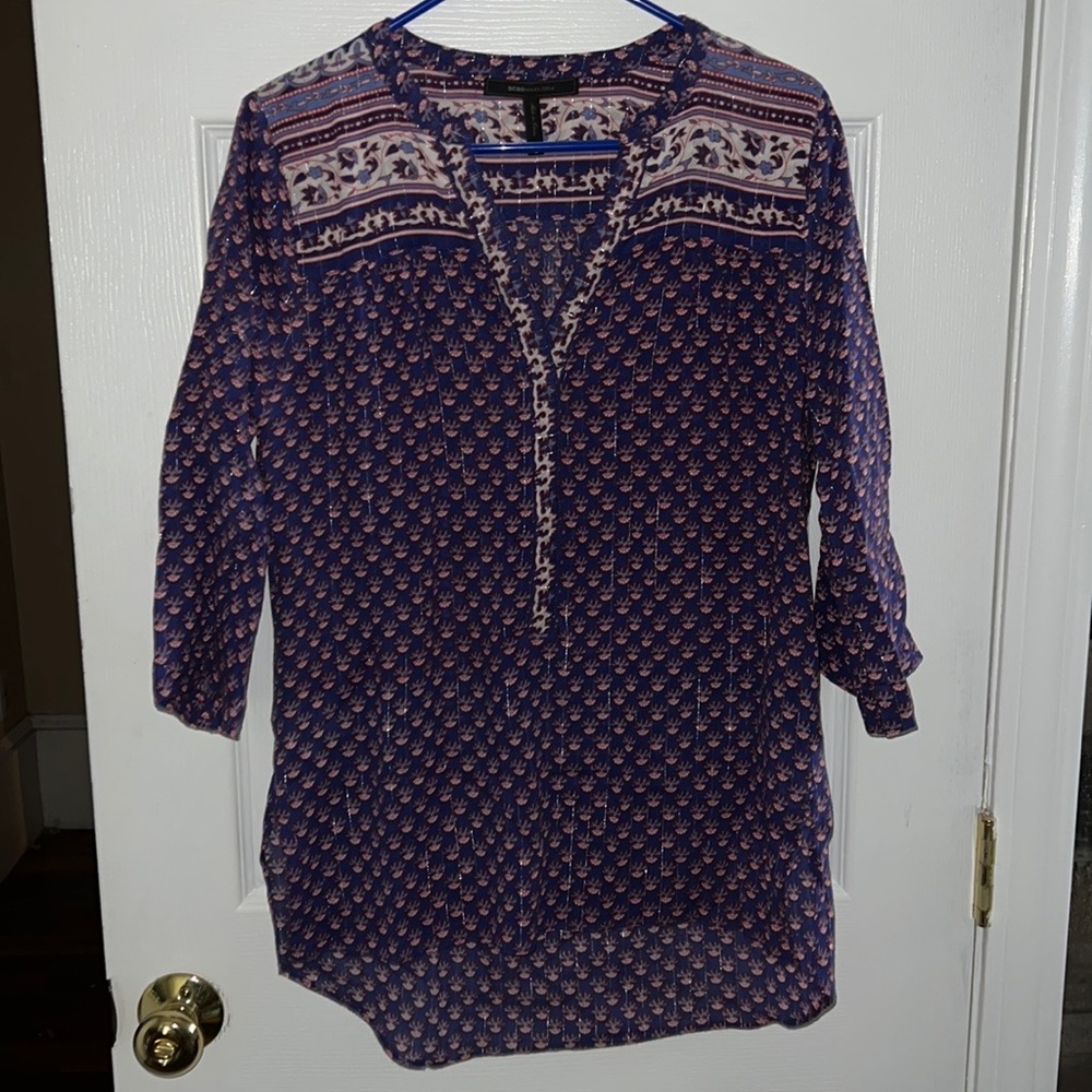 BCBGMAXAZRIA Violet & Blue Boho Floral Long Sleeve Tunic Blouse Size Small